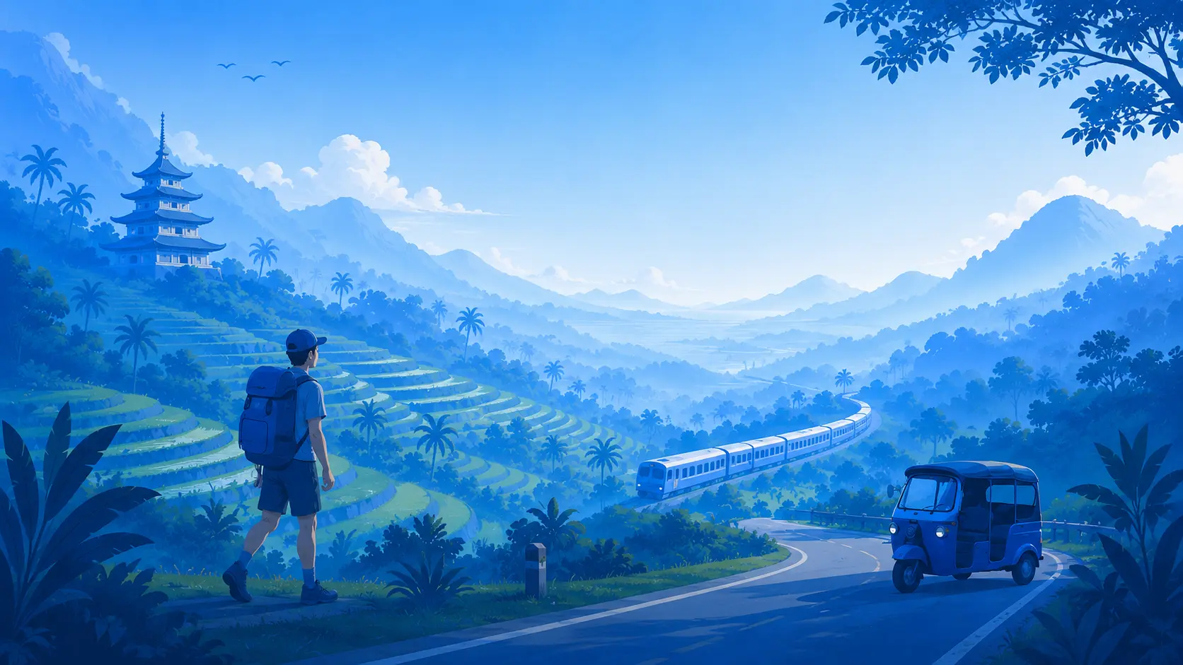 A traveler overlooking rice terraces, a winding railway, and a tuk-tuk in a mountain valley